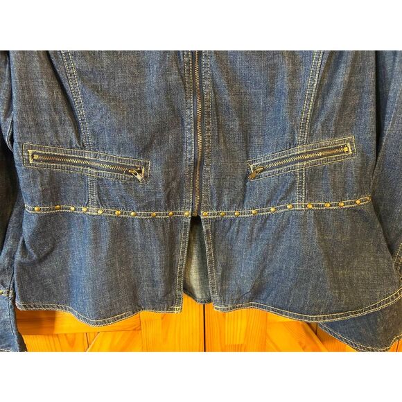 Vtg LIVE A LITTLE Full Zip Denim Jacket Ruffled Wide Collar Size Large (5174) - Picture 3 of 6